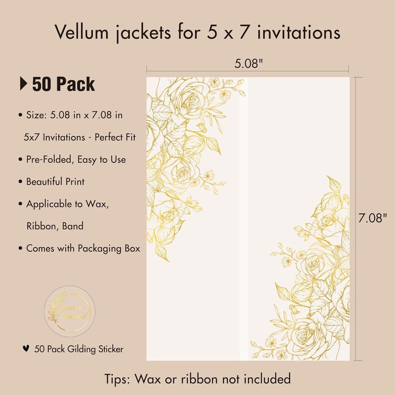 AZAZA 50 Pack Pre-Folded Vellum Jackets for 5x7 Invitations, Gorgeous Translucent Invitation Sleeves,115GSM Vellum Jackets 5x7, Wedding Invitation Accessories,for Weddings Birthdays,Golden Roses - Image 2